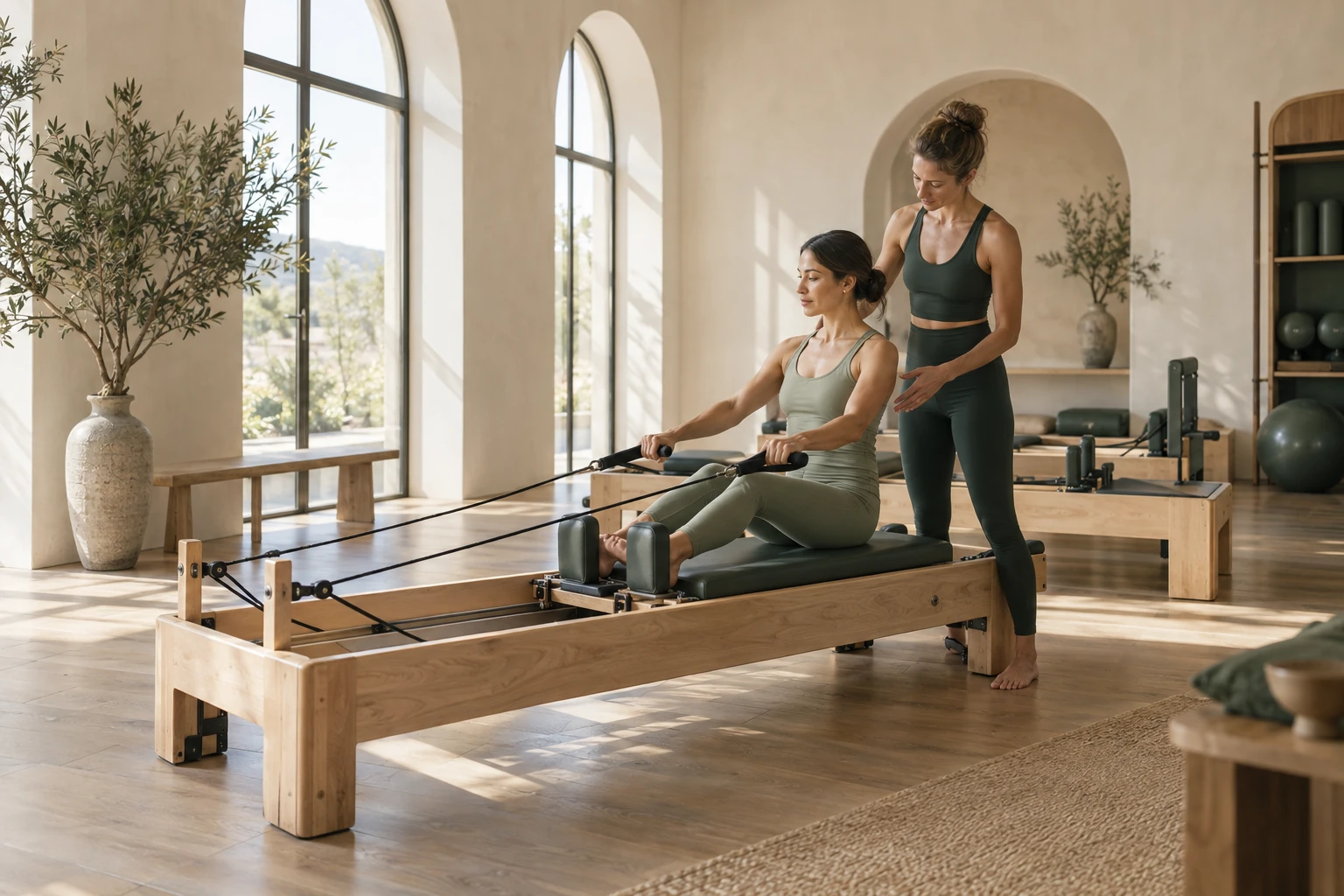 Práctica de Pilates Reformer en un estudio luminoso
