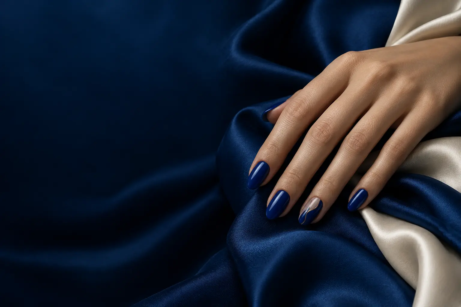 Uñas almendradas en azul profundo con un detalle delicado