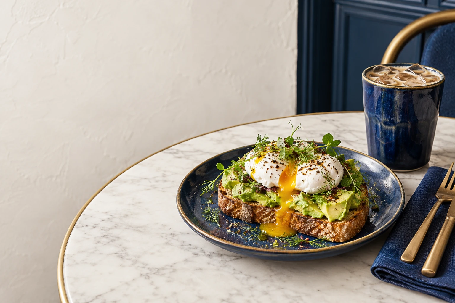 Tostón de palta y huevo, acompañado por un café frío en una mesa de mármol