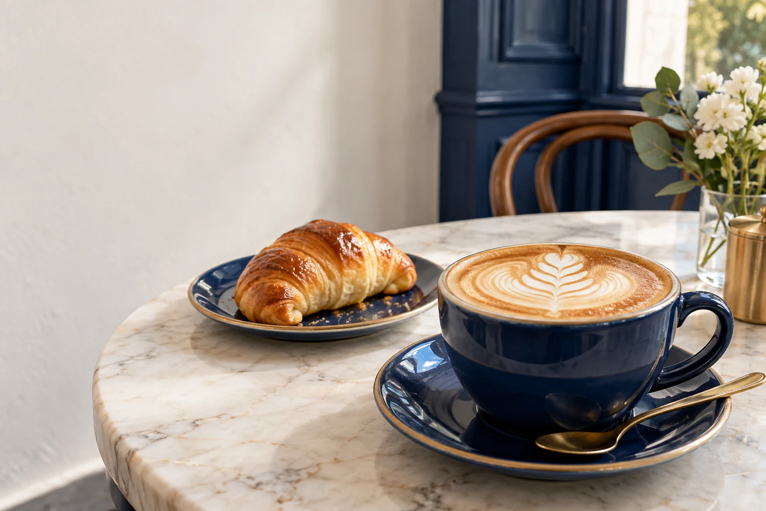 Cappuccino en taza azul con arte latte y medialuna en un café luminoso
