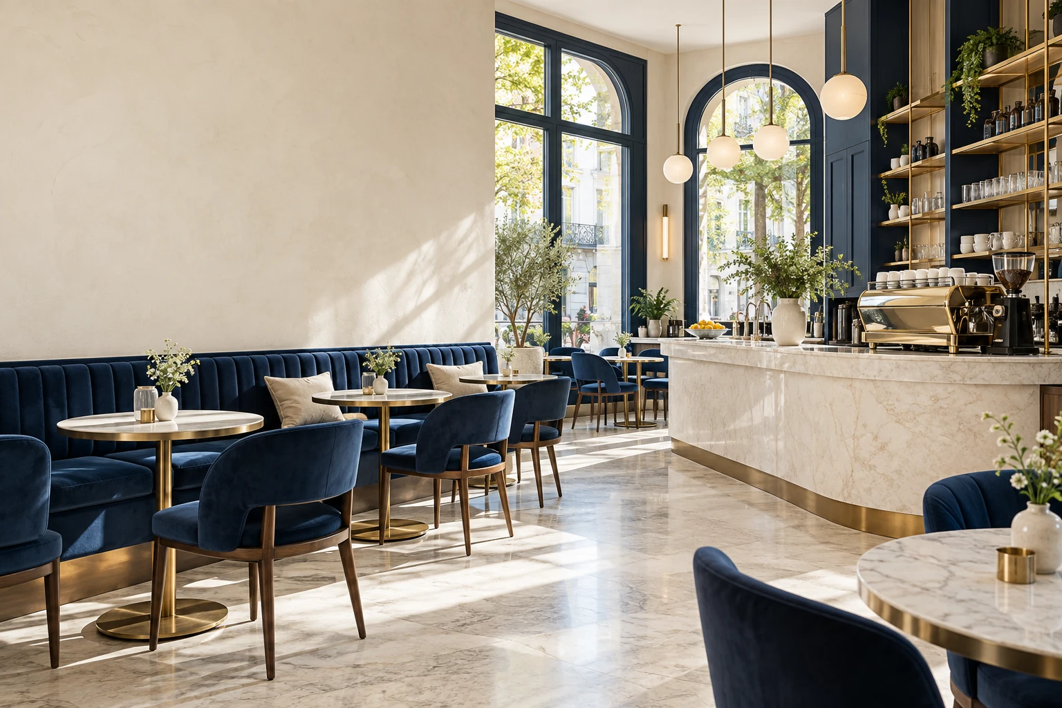 Salón luminoso de Buen Rato, con sillones azules, mesas claras y detalles de bronce