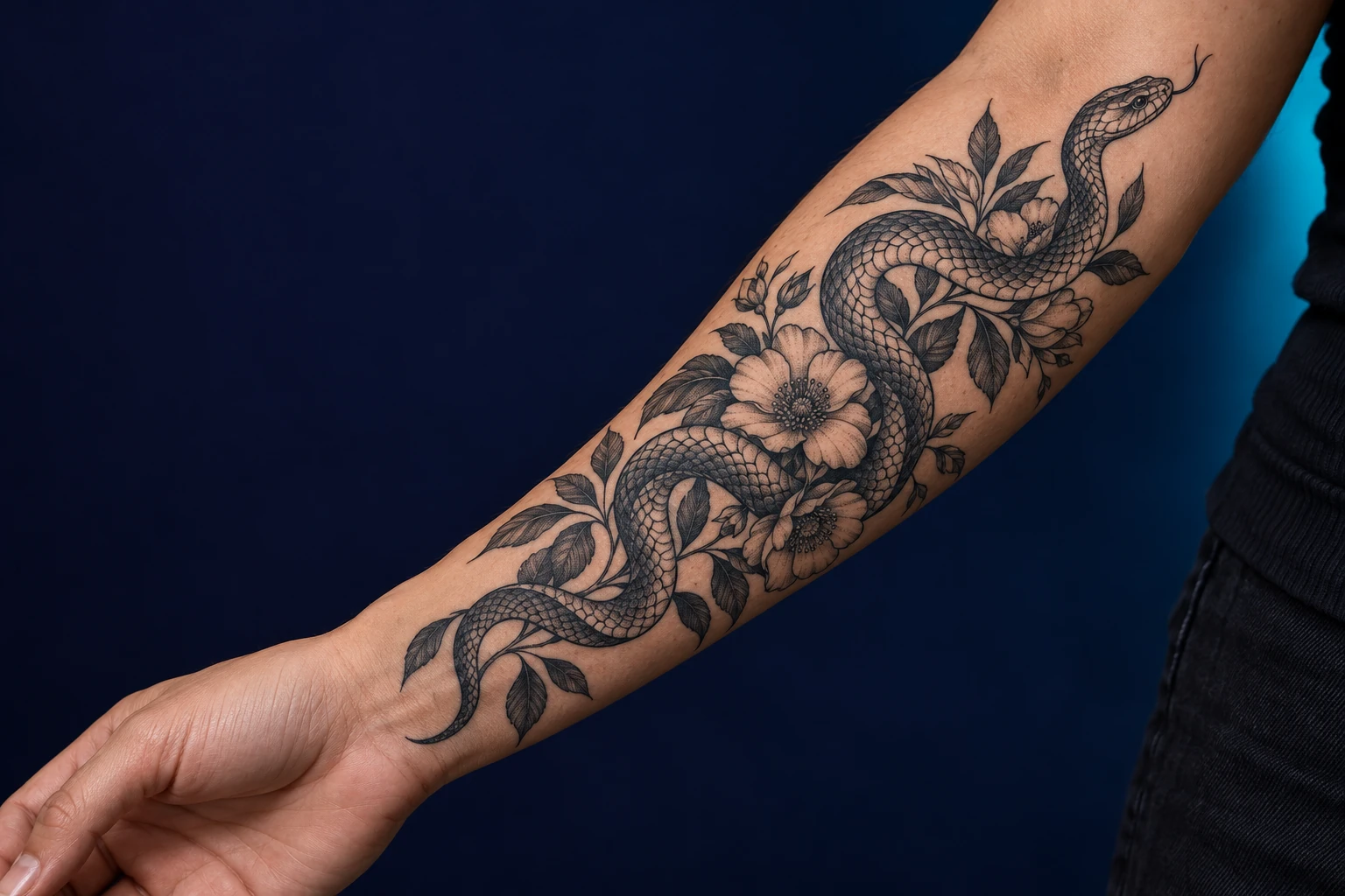 Tatuaje botánico de flores y serpiente en negro, sobre un antebrazo bien iluminado