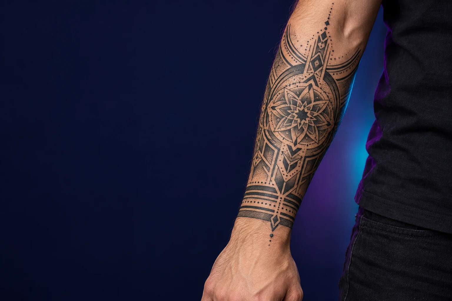 Detalle nítido de un tatuaje geométrico en negro